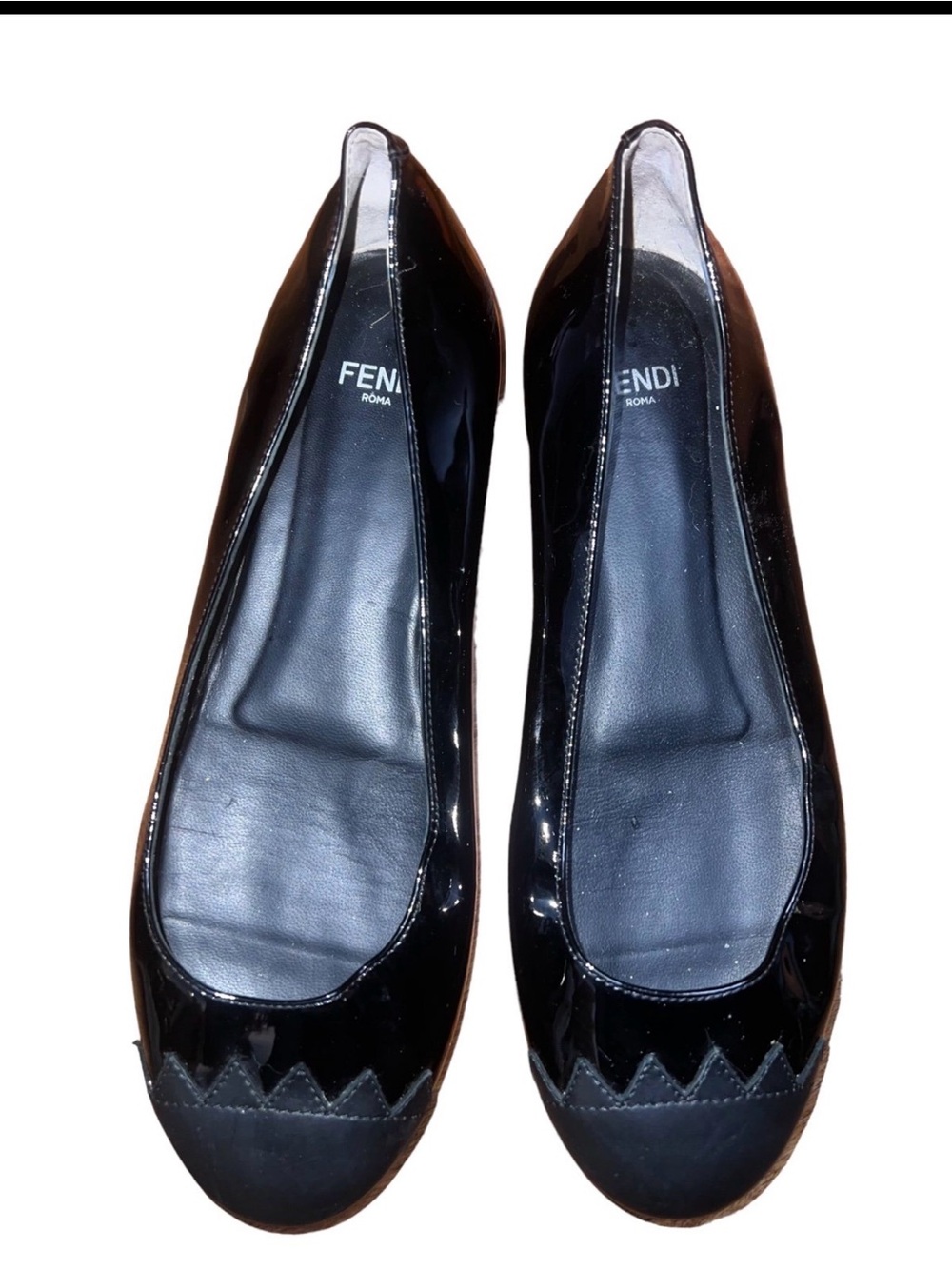 Fendi Black Patent Leather Zigzag Trim Ballet Flats